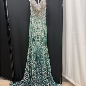 Jovani Green and Silver Sequin Prom Dress